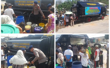 SATUAN BRIMOB POLDA LAMPUNG SALURKAN 5.000 LITER AIR BERSIH UNTUK 240 KK TERDAMPAK KEKERINGAN.